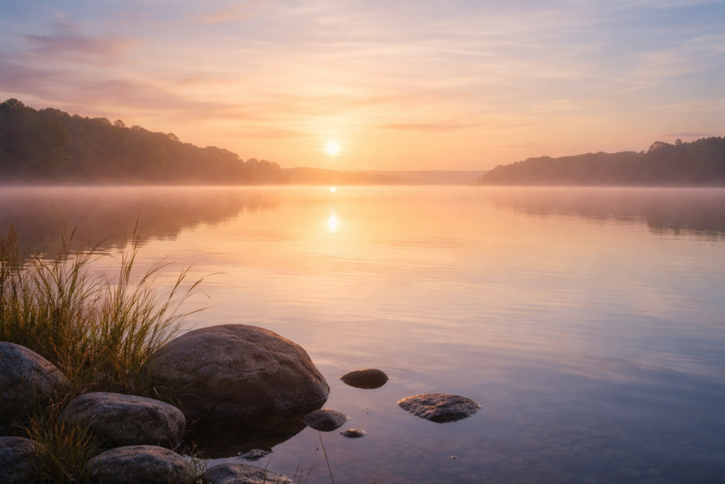 calm sunrise over still water representing emotional safety and nervous system stability