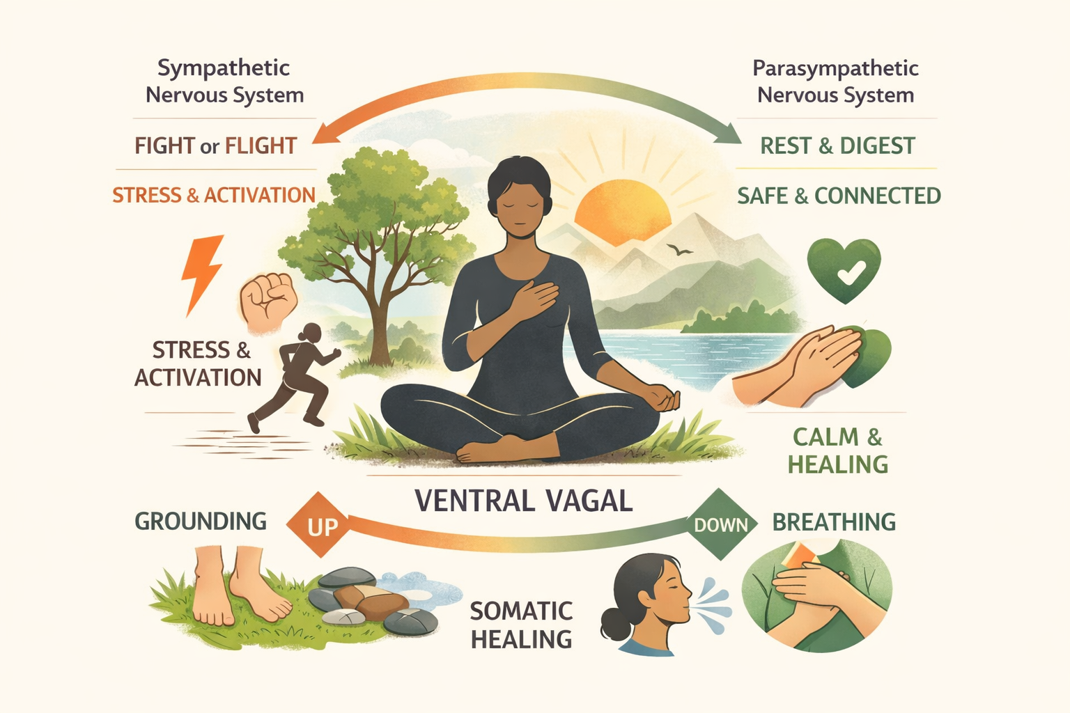 Nervous system illustration showing stress and calm states with grounding and breathing tools